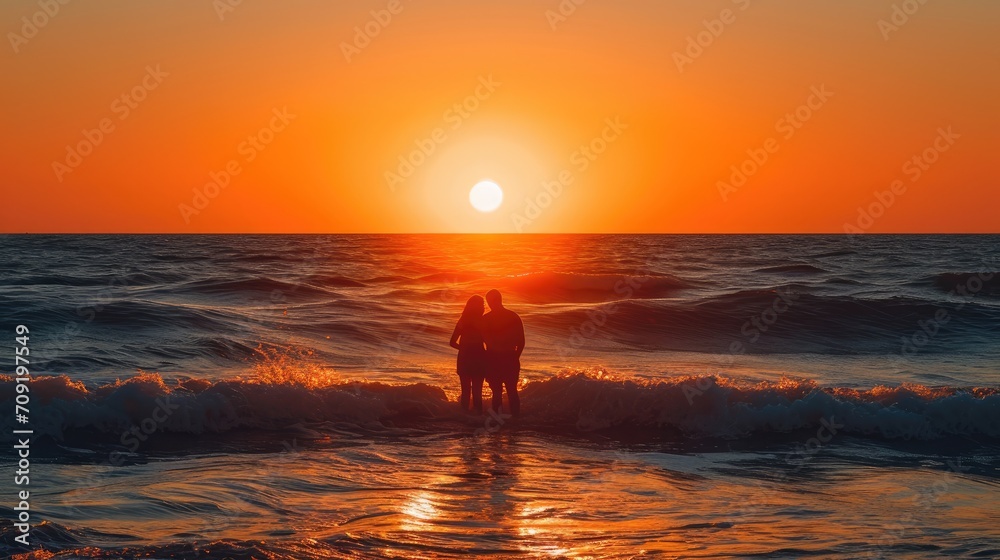 couple in a loving embrace, set against the backdrop of a serene sea beach, silhouette