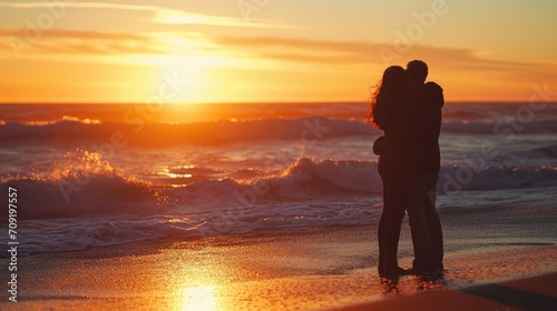 Silhouette couple in a loving embrace, set against the backdrop of a serene sea beach
