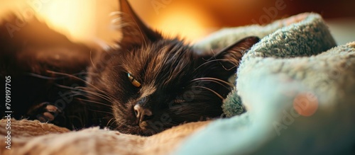 Injured black cat grooming after surgery. photo