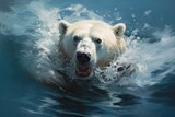 polar bear swimming in water closeup. Environment problem illustration, climate change, global warming.