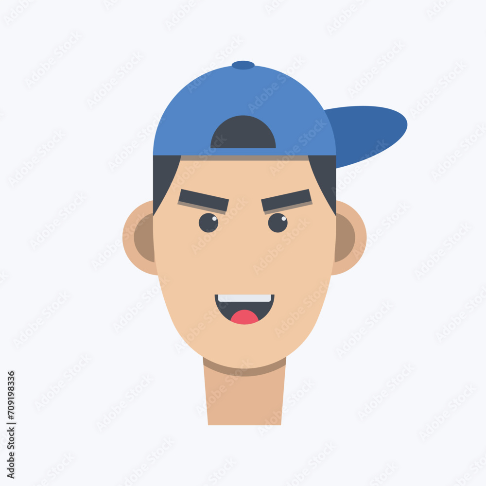 flat design cartoon face wearing a blue hat.