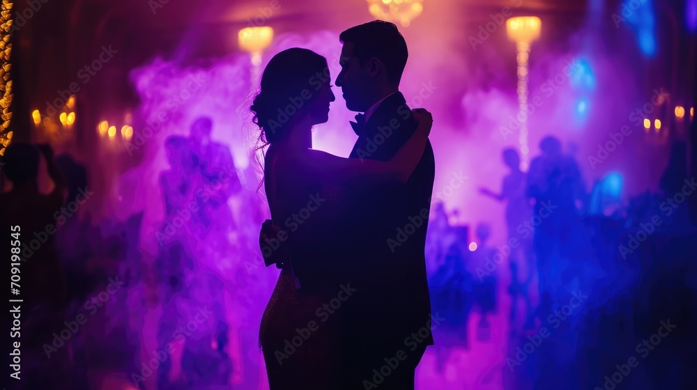 Silhouette of couples dancing closely in an intimate setting, for Valentine's Day, romantic and affectionate atmosphere ideal for celebrating love and togetherness Silhouette of couples dancing closely in an intimate setting, for Valentine's Day, romantic and affectionate atmosphere ideal for celebrating love and togetherness