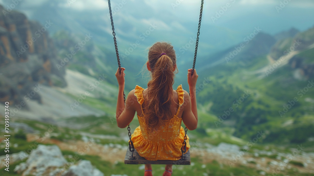 A dynamic shot of a girl on a swing soaring high against a backdrop of an expansive mountain range, symbolizing the limitless possibilities and boundless spirit of youthful adventu