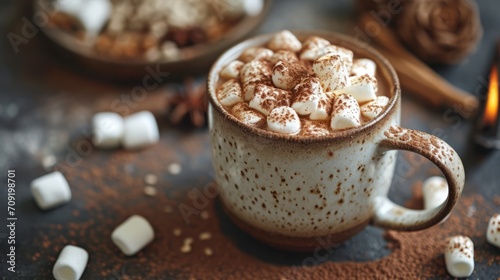 Spiced Hot Cocoa with Marshmallows and Cinnamon.
A rustic mug of hot cocoa sprinkled with cinnamon, topped with marshmallows.