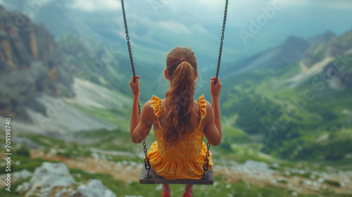 A dynamic shot of a girl on a swing soaring high against a backdrop of an expansive mountain range, symbolizing the limitless possibilities and boundless spirit of youthful adventu photo