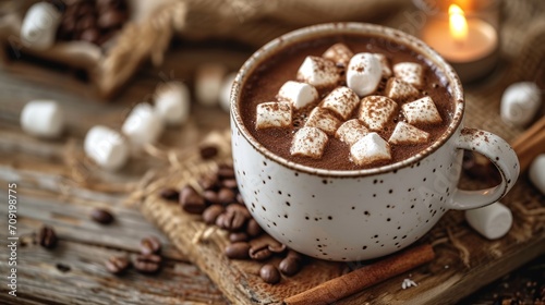 Gourmet Hot Chocolate with Cinnamon and Coffee Beans. A mug of rich hot chocolate with marshmallows, surrounded by coffee beans and cinnamon.