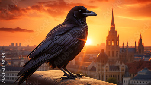 Raven on the background of the Parliament in Budapest, Hungary at sunset