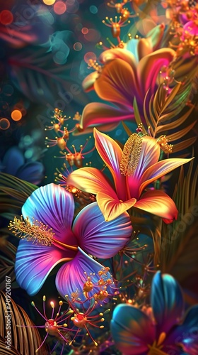  Cartoon fantasy illustration in the style of meticulous fantasy and sense of awe, tropical flowers,
