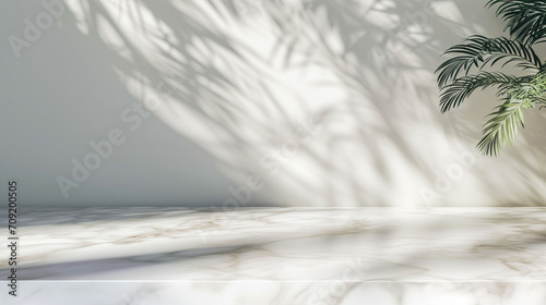 Empty Studio room background. Marble stone texture on floor and wall, window light, plants. Product Presentation Backdrop, Display, and Mock up. Copy space, Luxury elegant Backdrop, neutral aesthetic