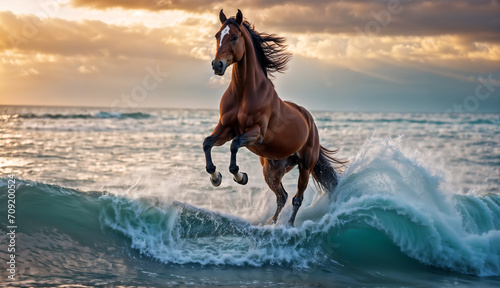 horse rearing in the raging waves of the sea coast at sunset © i-element