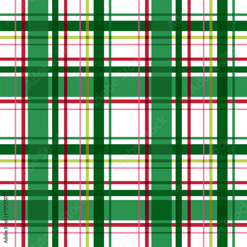 Christmas plaid seamless pattern in green, red colors. Cozy winter checkered repeat background. Vector winter time traditional flannel design, Scottish ornament, check, gingham tartan print, wallpaper