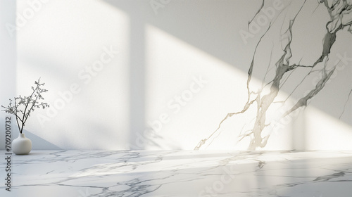 Empty Studio room background. Marble stone texture on floor and wall, window light, plants. Product Presentation Backdrop, Display, and Mock up. Copy space, Luxury elegant Backdrop, neutral aesthetic