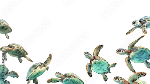 Graphic border of sea turtles, underwater ocean scene