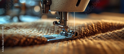 Close-up of sewing machine foot with motion blur as needle moves down, focused on foot below needle tip while sewing brown fabric.