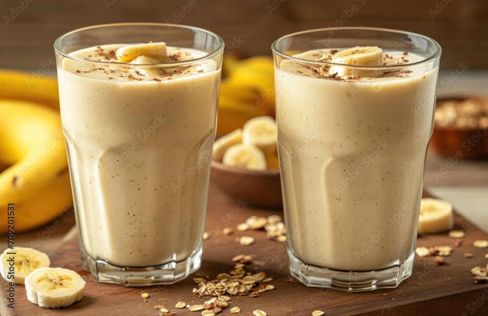 two glasses with banana smoothies two glasses with banana smoothies
