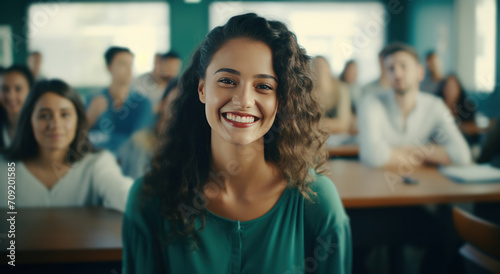 woman smiling in classroom with many other students around her