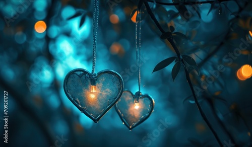 two heart shape hanging in a frame at night in dark forest