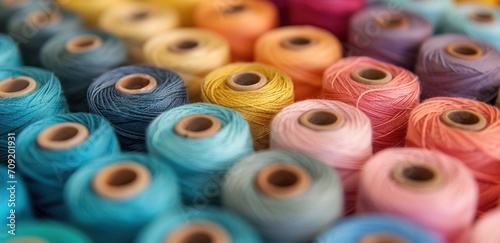 multiple colors of spools of threads are displayed close together