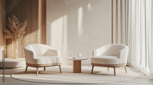two arm chairs in a white and beige living room