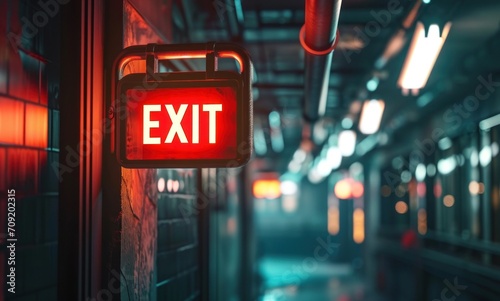 red exit sign hanging from a metal rod