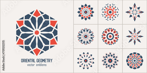 Arabic circular geometric symbols set. Vector monochrome mosaic oriental ornamental emblems for logos, patterns and design