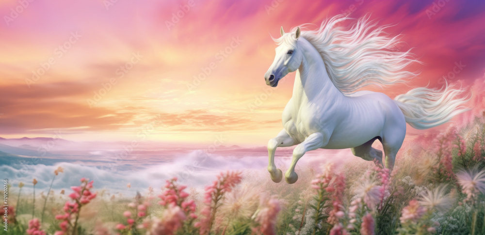 Ethereal white horse with a flowing mane galloping through a dreamy meadow at sunset.