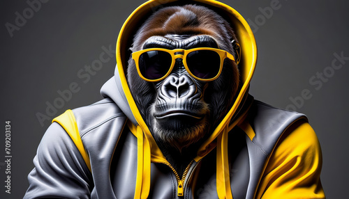Gorilla in Hoodie with yellow sunshades on gray background