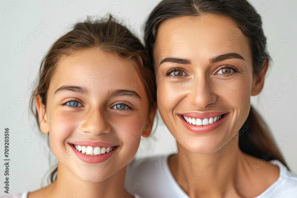 Joyful Bond: Mom and Daughter Grinning Together Joyful Bond: Mom and Daughter Grinning Together