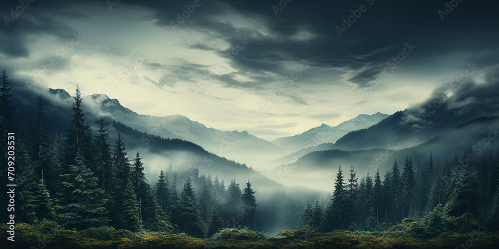 Mysterious dark forest with foggy weather with trees and mist thick dark clouds panoramic view Adventure outdoor Nature Disaster.