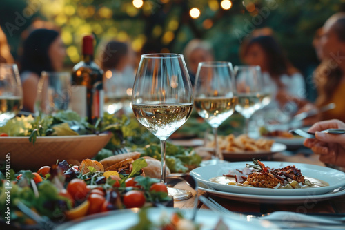 Guests at an outdoor event enjoy a vibrant scene  captured by AI. A diverse group savoring meals  clinking glasses of wine  creating a lively atmosphere under the open sky.