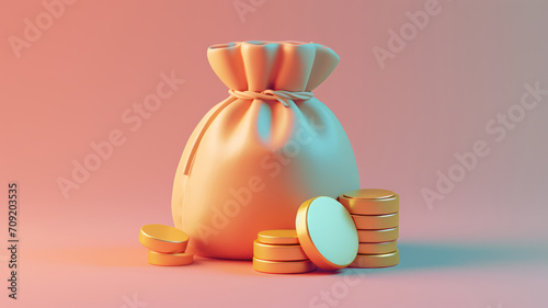 3d Money Pouch and coins, online payment, bank, finance investment, money wallet, cashback. saving money concept. 3d icon render illustration, cartoon minimal style.