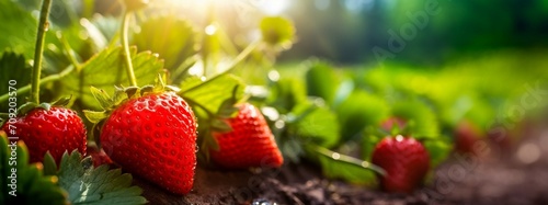 Strawberry growing in the garden. Fresh strawberries with green leaves. Generative AI.