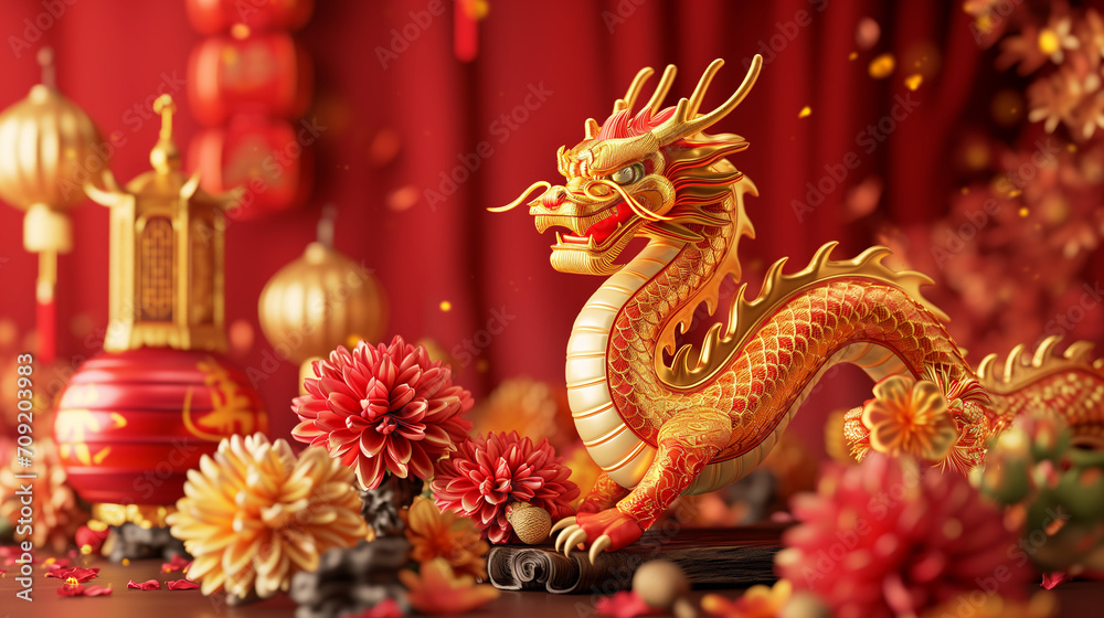 Fototapeta premium 3d rendering illustration background for happy chinese new year 2024 the dragon zodiac sign with red and gold color, flower, lantern, and asian elements. Translation : year of the dragon 2024 