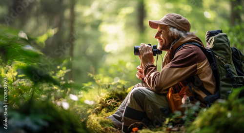 Seasoned hiker in a forest, using binoculars to witness the secrets of nature, Birdwatcher © 18042011