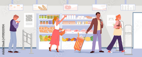 Consumers buy in supermarket, grocery retail shop interior vector illustration. Cartoon characters with phones, shopping cart and basket take food from shelves in aisle of store with self service