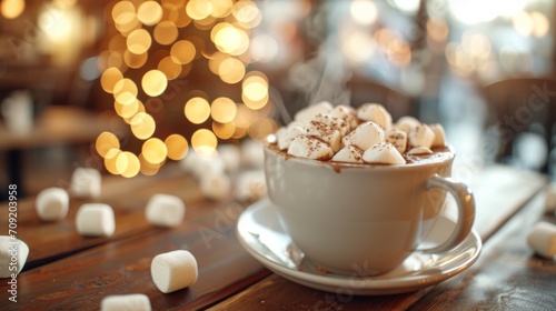 Cozy Winter Hot Chocolate. Hot chocolate with marshmallows, warm festive lights.