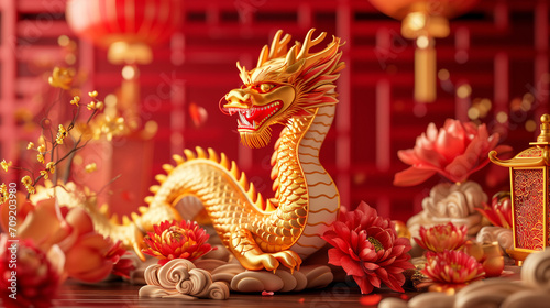 3d rendering illustration background for happy chinese new year 2024 the dragon zodiac sign with red and gold color  flower  lantern  and asian elements. Translation   year of the dragon 2024 