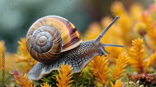 Close up Snail Muller gliding on nature background. Large white mollusk snails with brown striped shell, crawling on vegetables. Helix pomatia, Land, Burgundy, Roman, escargot. © petrrgoskov
