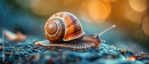 Close up Snail Muller gliding on nature background. Large white mollusk snails with brown striped shell, crawling on vegetables. Helix pomatia, Land, Burgundy, Roman, escargot.