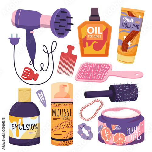 Beauty care for curly hair set. Cartoon isolated collection of cosmetics for curly girl method free of silicone and sulfates, shampoo, mask and emulsion, wide tooth comb and clip