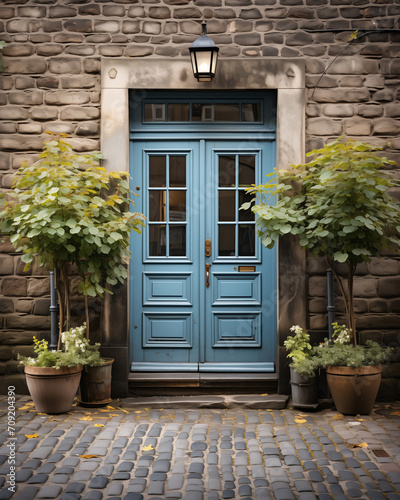 entrance to the house, Blue Wooden Door to a Building