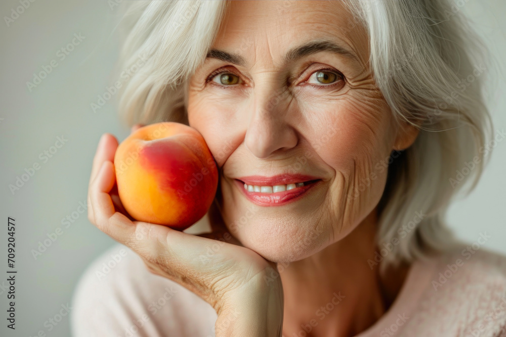 Aging Gracefully: Happy Woman and Peach Aging Gracefully: Happy Woman and Peach