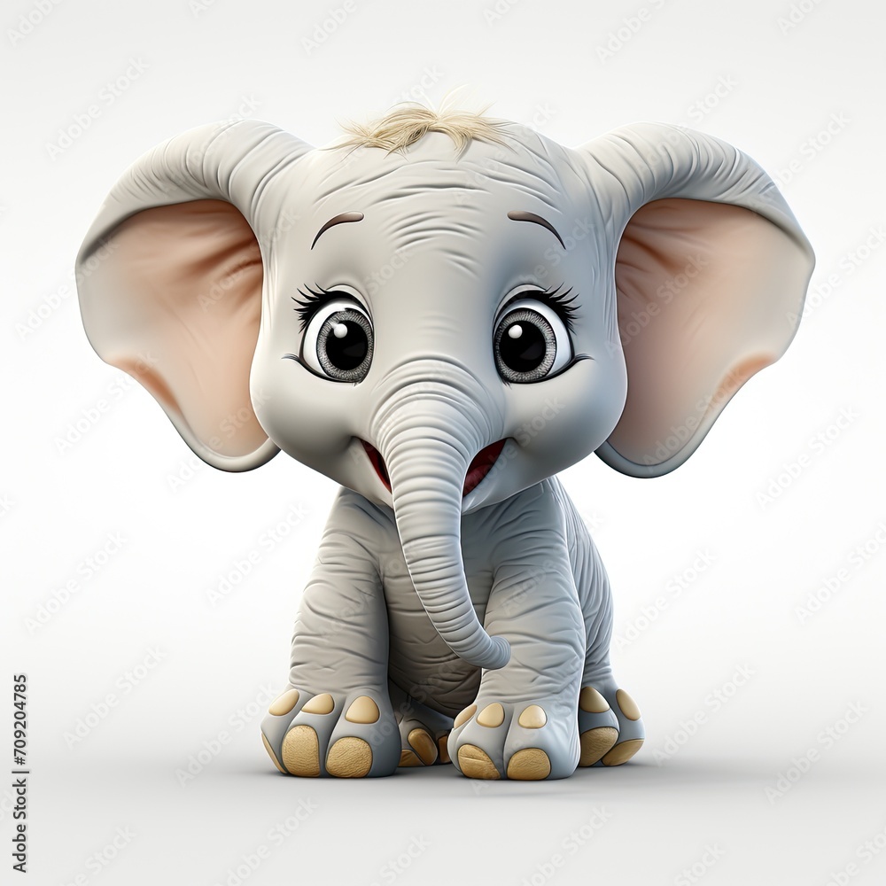 Cartoon character cute elephant 3d illustration isolated. Cartoon funny baby elephant print for clothing, stationery, books, goods. Toy baby elephant 3D character banner. Generative AI