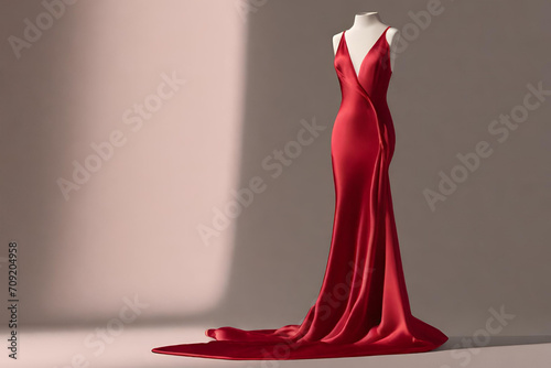 A silk evening gown in a rich, deep shade of redcloth background. Mock up template for product presentation. 3D rendering. copy text space