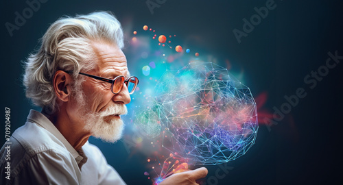 Senior man with glasses fascinated by virtual network concept, vivid digital brain, innovation and intelligence theme