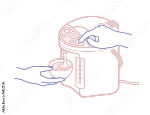 ベクターイラスト：電気ポットから湯呑みにお茶やお湯を注ぐ手_線画