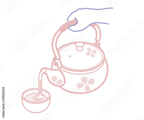 ベクターイラスト：急須から湯呑みにお茶を注ぐ手_線画