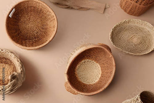 A woven basket made from natural fibers in earthy tones
