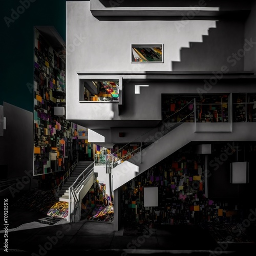 Outdoor photograph of white modernist Los Angeles apartment building with colorful abstract murals, quadratura. From the series “Art Film - Color.” photo