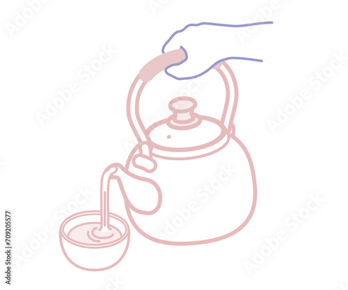 ベクターイラスト：やかんから湯呑みにお茶やお湯を注ぐ手_線画